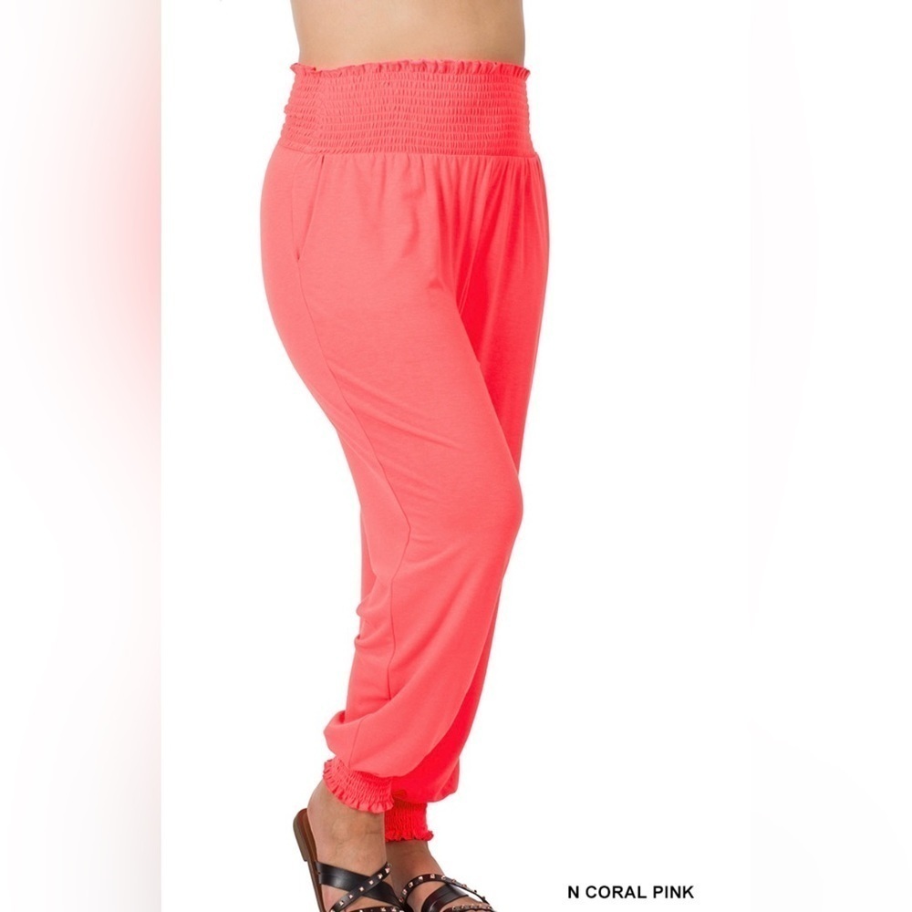 New!Plus Size Spring Bright Coral Smocked Waist Pocket Pants Sizes 1X 2X 3X